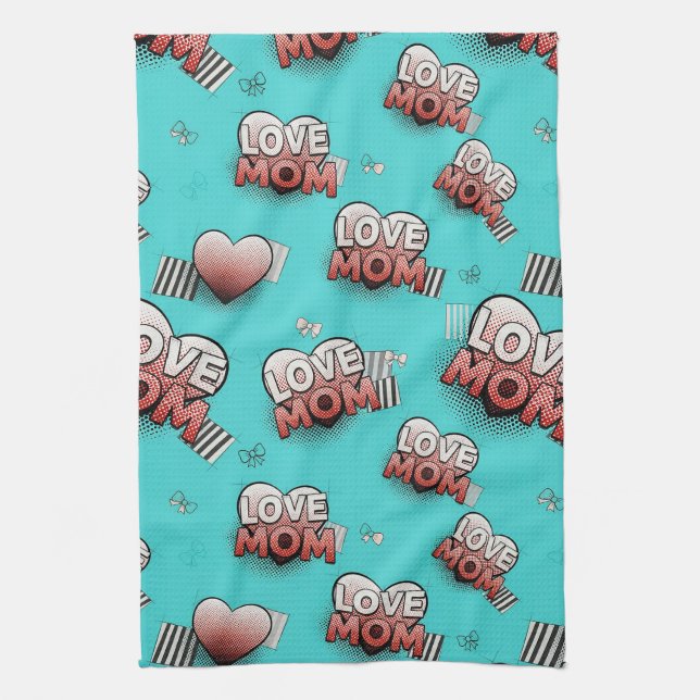Linge De Cuisine Motif de cœurs MAMAN Pop Art Turquoise (Vertical)