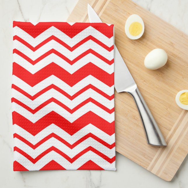 Linge De Cuisine Motif de conception en chevron zigzag blanc rouge  (Quart Plié)