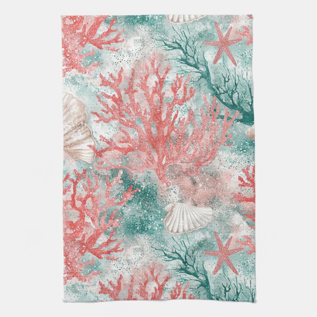 Linge De Cuisine Motif de coquillages côtiers boho (Vertical)