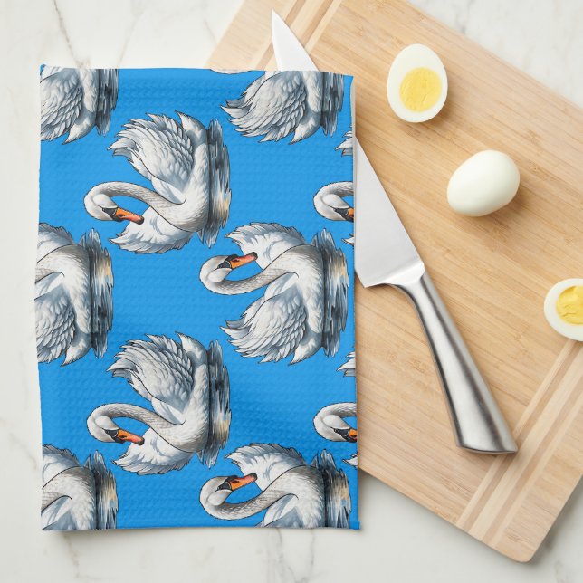 Linge De Cuisine Motif de cygnes sur fond bleu  (Quart Plié)