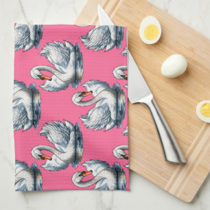 Linge De Cuisine Motif de cygnes sur fond rose