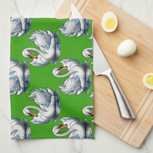 Linge De Cuisine Motif de cygnes sur fond vert  (Quart Plié)