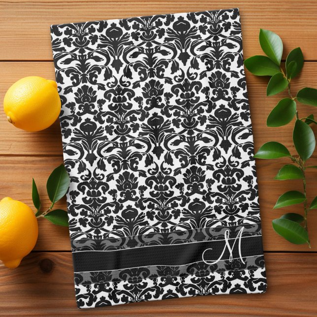 Linge De Cuisine Motif de Damas avec monogramme - Noir et Blanc (Custom Kitchen Towel)