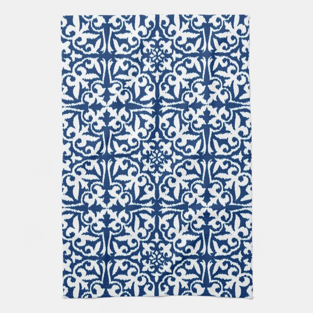 Linge De Cuisine Motif de damassé d'Ikat - bleu et blanc de cobalt (Vertical)