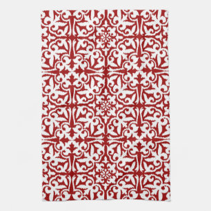 Linge De Cuisine Motif de damassé d'Ikat - rouge foncé et blanc