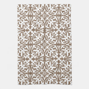 Linge De Cuisine Motif de damassé d'Ikat - Taupe Tan et blanc