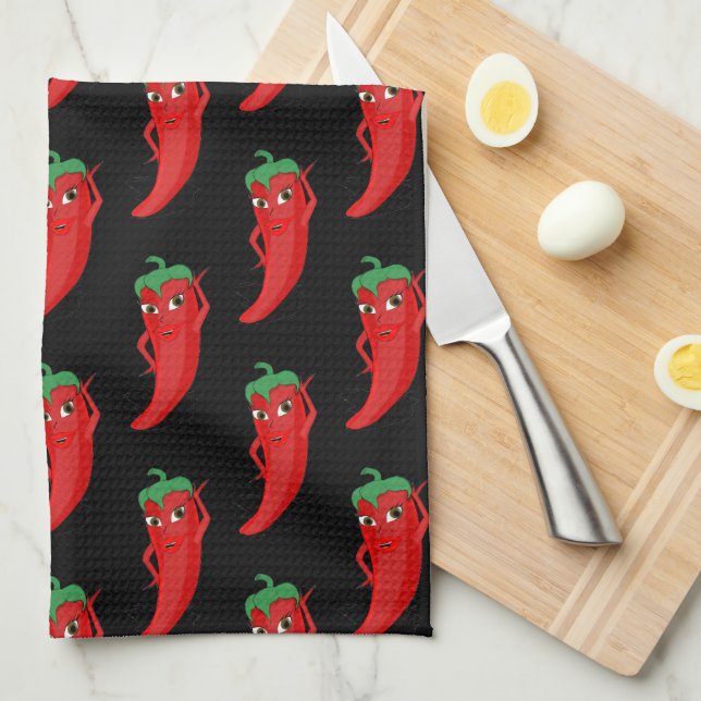Linge De Cuisine Motif de dessin animé Red Pepper Diva en noir (Quart Plié)