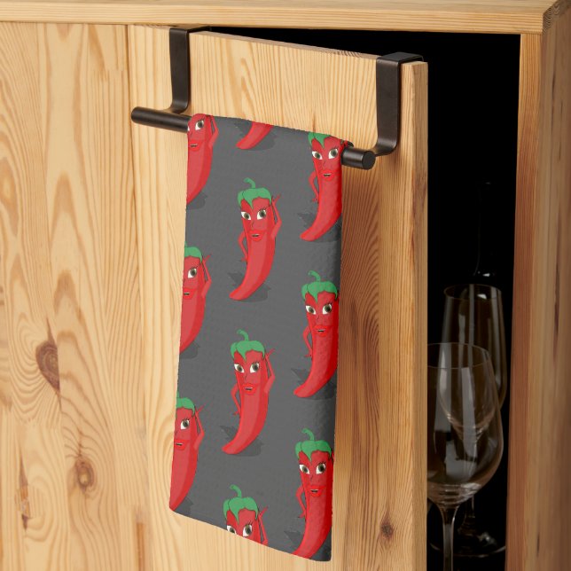 Linge De Cuisine Motif de dessin animé Red Pepper Diva sur Grey (Pliage en tiers)