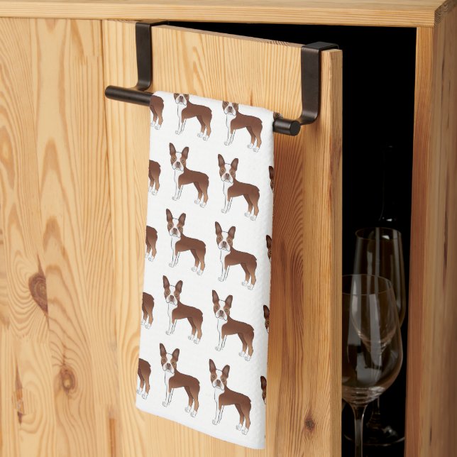 Linge De Cuisine Motif de dessin de chien Red and White Boston Terr (Pliage en tiers)