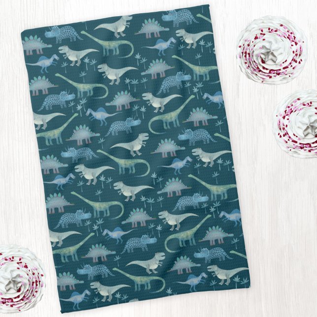 Linge De Cuisine Motif de dinosaure mignon vert foncé (Dinosaur pattern teal green art kitchen tea towel)