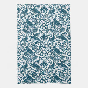 Linge De Cuisine Motif de faisan et lièvre, bleu et blanc d'Indigo