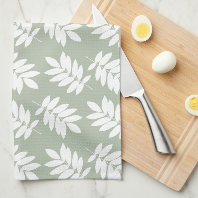 Linge De Cuisine Motif de feuille âgée blanc sur vert (Quart Plié)