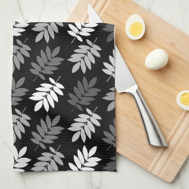 Linge De Cuisine Motif de feuille aînée noir blanc gris (Quart Plié)
