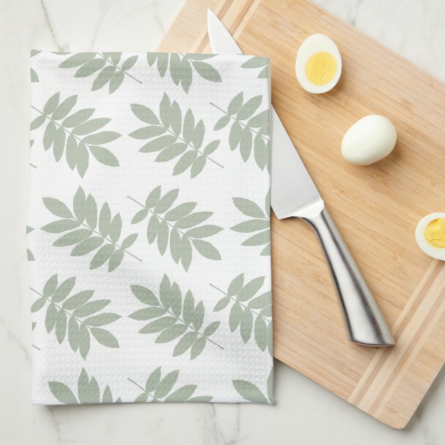 Linge De Cuisine Motif de feuille aînée vert+blanc (Quart Plié)