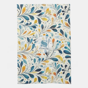 Linge De Cuisine Motif de feuille botanique sarcelle marine ambre