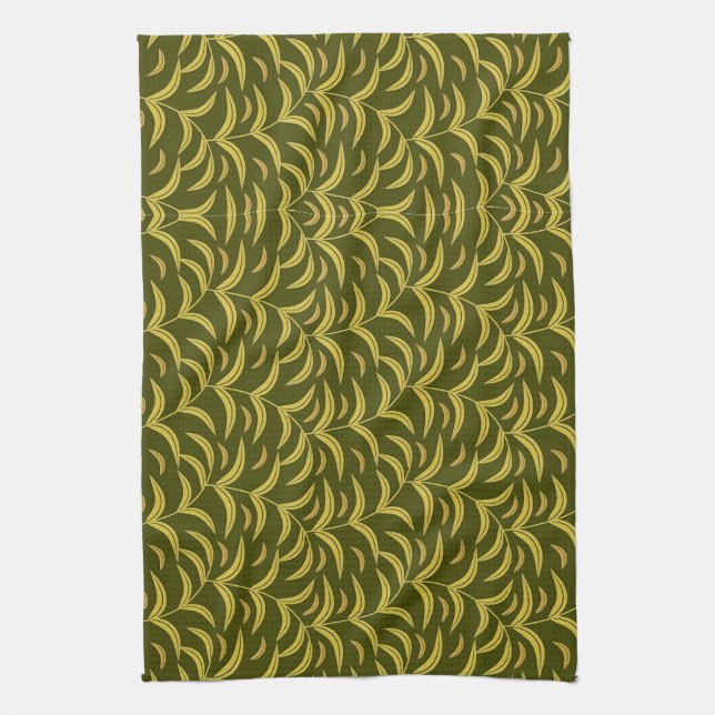 Linge De Cuisine Motif de feuille jaune sur fond vert foncé (Vertical)