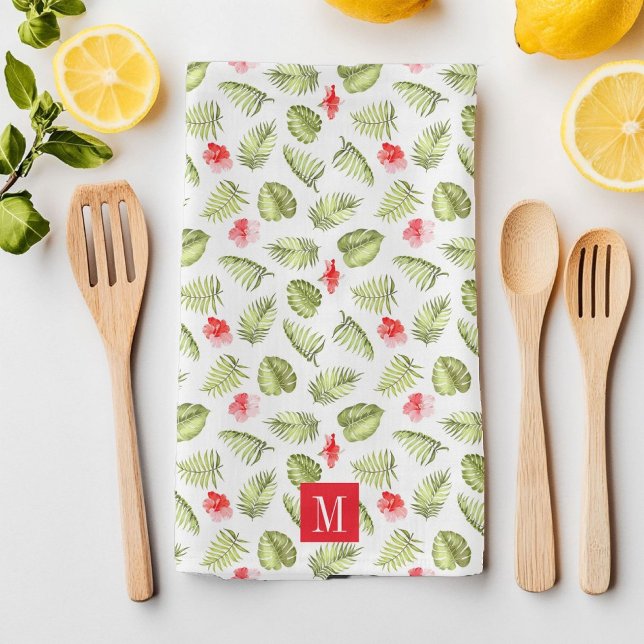 Linge De Cuisine Motif de feuilles de palmier tropicales à monogram (Pink Monogrammed Tropical Palm Leaves Pattern Kitchen Towel)