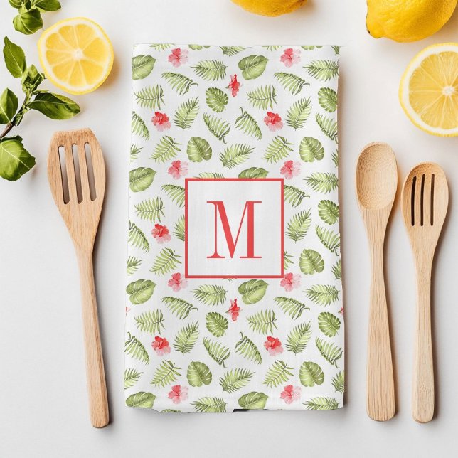 Linge De Cuisine Motif de feuilles de palmier tropicales avec monog (Pink Monogrammed Tropical Palm Leaves Pattern Kitchen Towel)