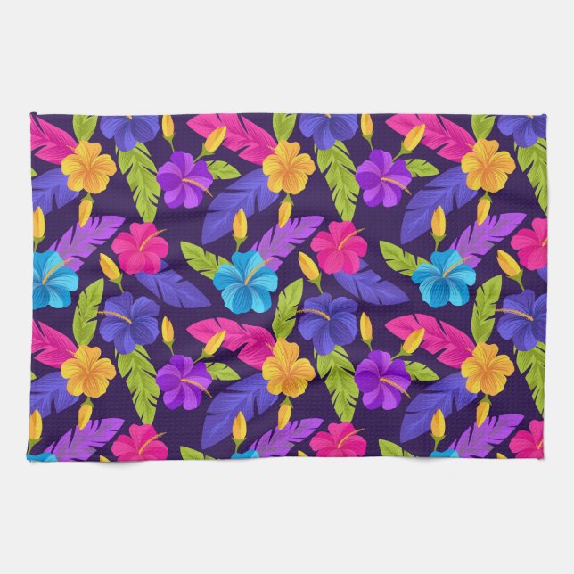 Linge De Cuisine Motif de feuilles et fleurs tropicales-23857 (Horizontal)