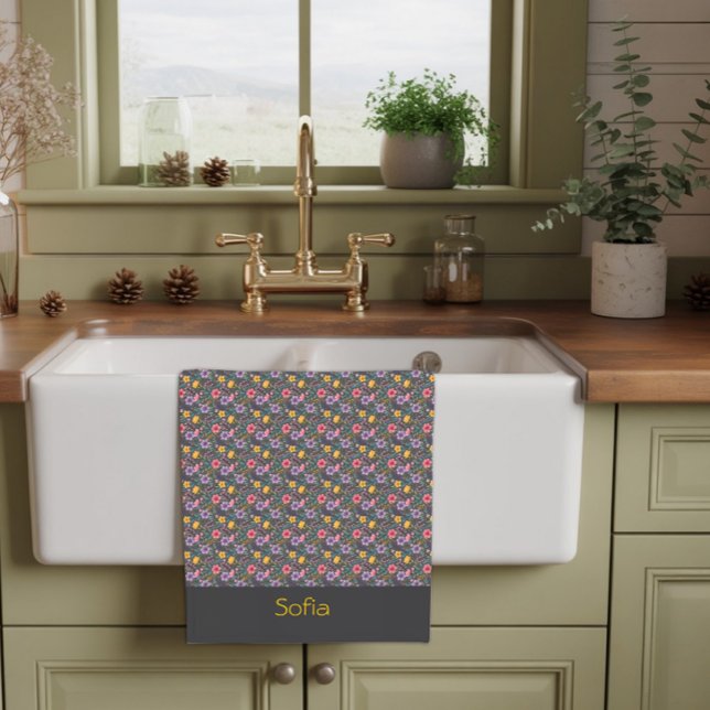 Linge De Cuisine Motif de fleur sauvage simple gris nom (Créateur téléchargé)