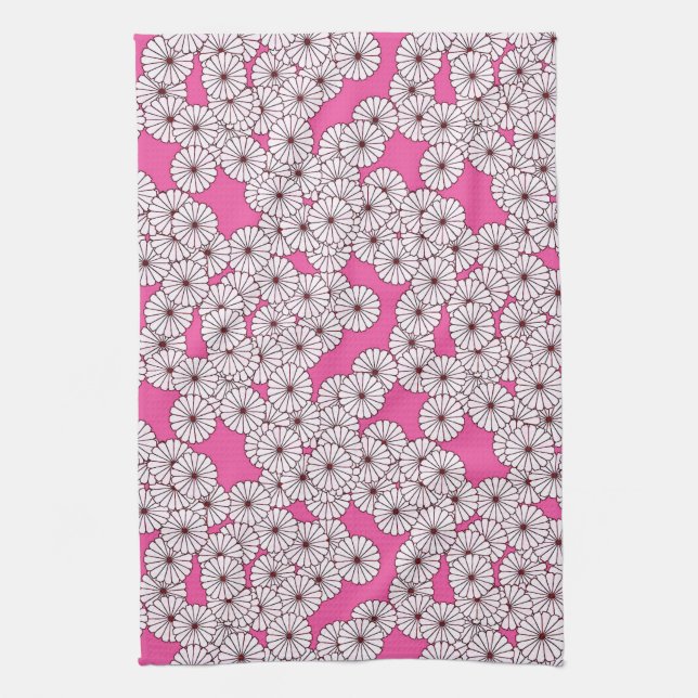 Linge De Cuisine Motif de fleurs Art déco - blanc sur rose (Vertical)
