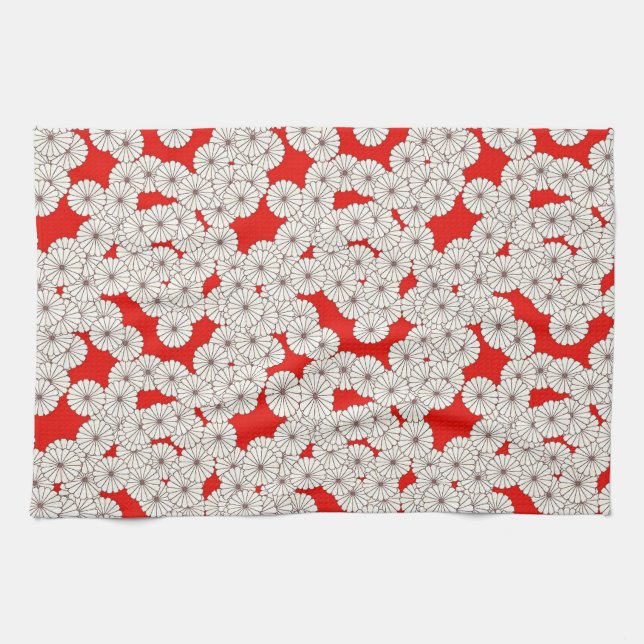 Linge De Cuisine Motif de fleurs Art Déco - blanc sur rouge (Horizontal)