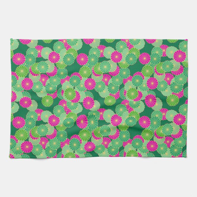 Linge De Cuisine Motif de fleurs Art Déco - tons verts, fuchsia (Horizontal)