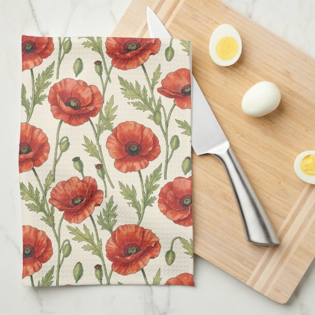 Linge De Cuisine Motif de fleurs de pavot (Quart Plié)