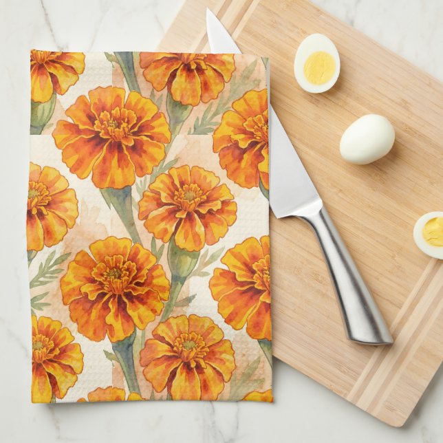 Linge De Cuisine Motif de fleurs de souci orange (Quart Plié)