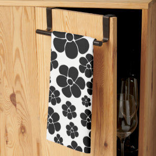 Linge De Cuisine Motif de fleurs - noir et blanc