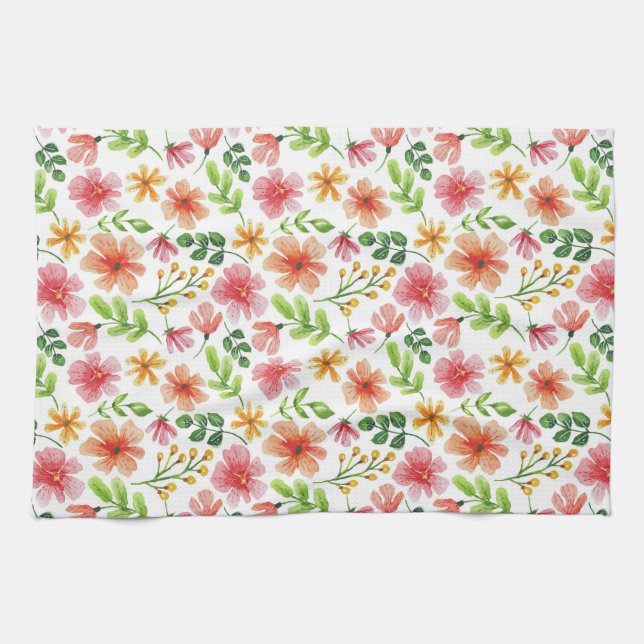 Linge De Cuisine Motif de fleurs roses à l'aquarelle (Horizontal)