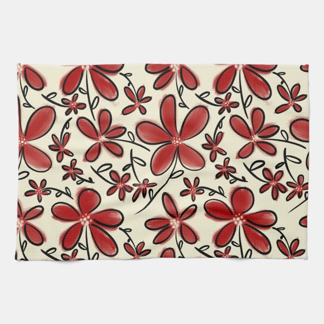 Linge De Cuisine Motif de fleurs rouges (Horizontal)