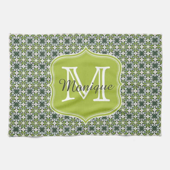 Linge De Cuisine Motif de fleurs vertes de monogramme (Horizontal)