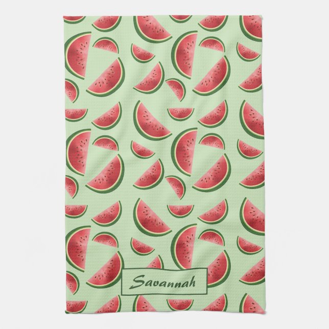 Linge De Cuisine Motif de fruit pastèque sur fond vert avec nom per (Vertical)