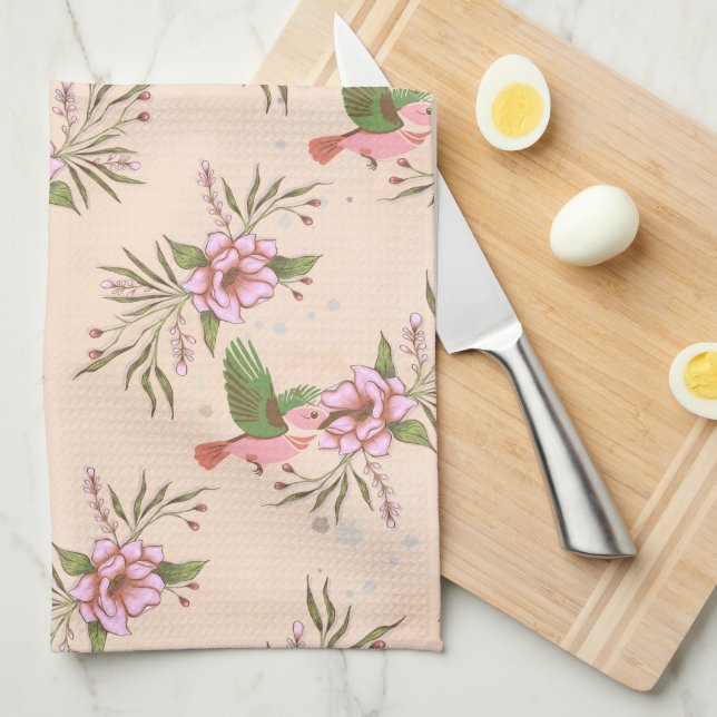 Linge De Cuisine Motif de la fleur rose printanière avec oiseaux (Quart Plié)