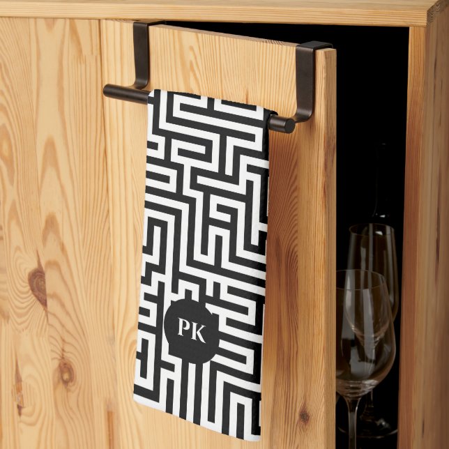 Linge De Cuisine Motif de labyrinthe géométrique noir sur blanc (Pliage en tiers)