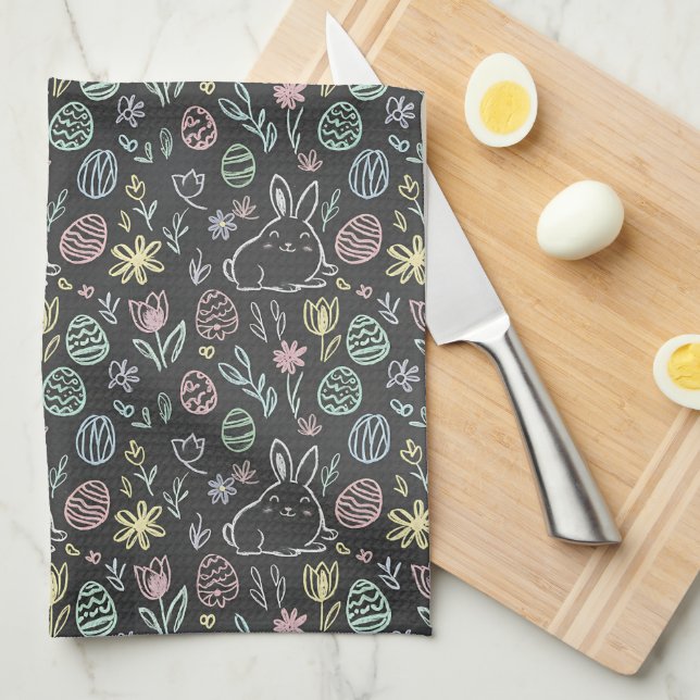 Linge De Cuisine Motif de lapin de Pâques sur tableau noir (Quart Plié)
