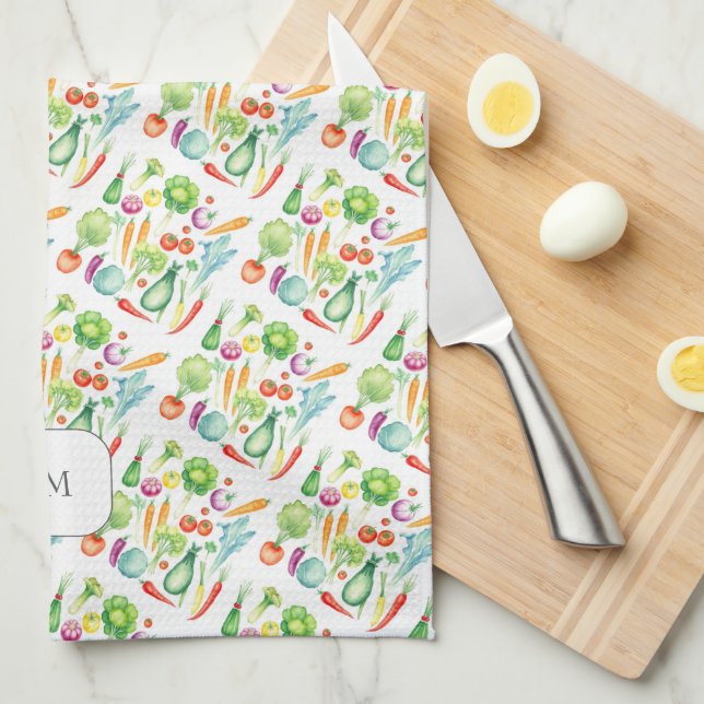Linge De Cuisine Motif de légumes à l'aquarelle monogrammé (Quart Plié)