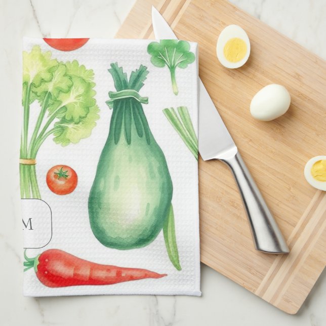 Linge De Cuisine Motif de légumes à l'aquarelle monogrammé (Quart Plié)