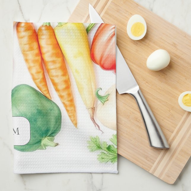 Linge De Cuisine Motif de légumes à l'aquarelle monogrammé (Quart Plié)