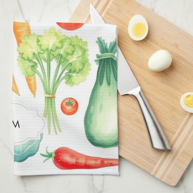 Linge De Cuisine Motif de légumes d'aquarelle monogrammé (Quart Plié)