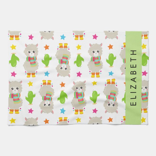Linge De Cuisine Motif De Llamas, Alpacas, Cactus, Votre Nom (Horizontal)