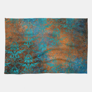 Linge De Cuisine Motif de Luxe Décoratif Floral Brun Bleu Grunge