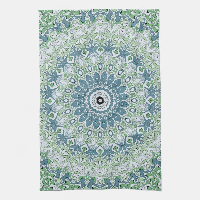 Linge De Cuisine Motif de mandala côtier bleu et vert de mer (Vertical)