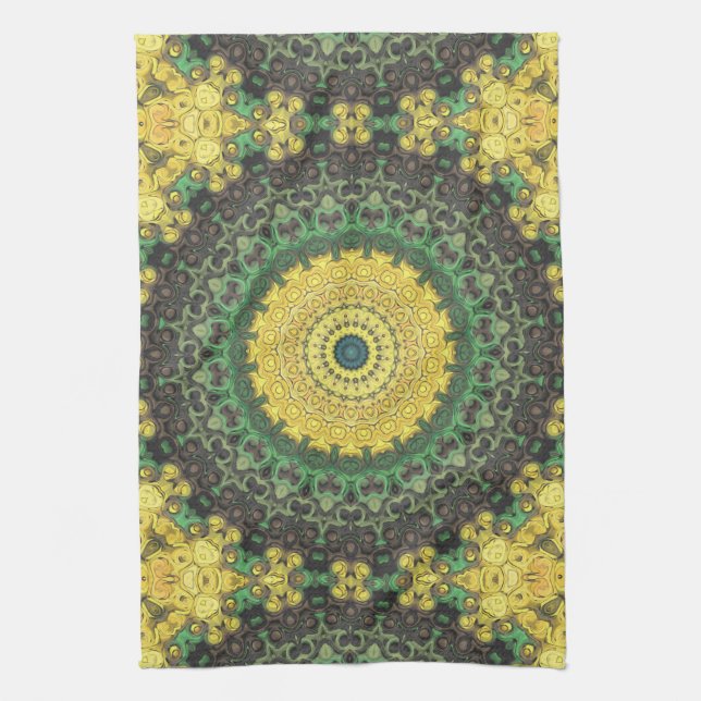 Linge De Cuisine Motif de mandala kaléidoscope jaune et vert (Vertical)