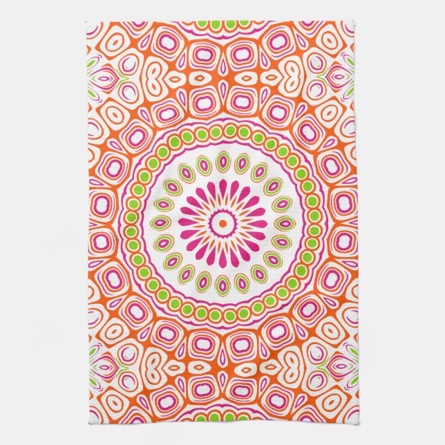 Linge De Cuisine Motif de mandala vibrant fuchsia orange et vert (Vertical)