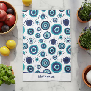 Linge De Cuisine Motif de mauvais œil grec bleu blanc personnalisé