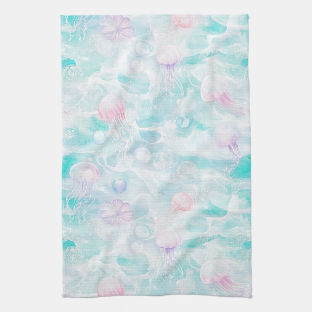 Linge De Cuisine Motif de méduse côtière à l'aquarelle (Vertical)