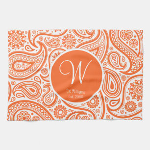 Linge De Cuisine Motif de monogramme de Paisley Floral Orange