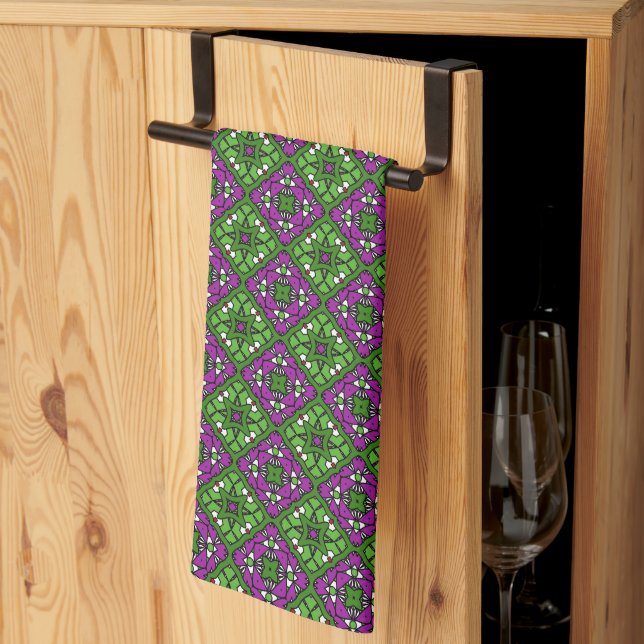 Linge De Cuisine Motif de mosaïque fleurie rétro vert et violet (Pliage en tiers)